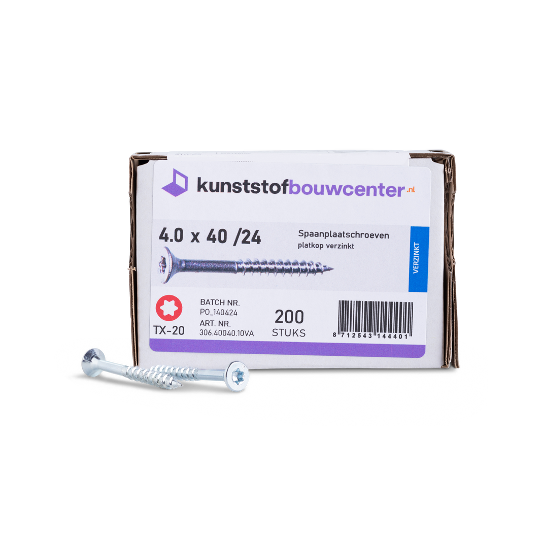 Spaanplaatschroeven platkop deeldraad TX-20 - 4,0x40/24 mm (200 per doos) (bestelnr. 0801)