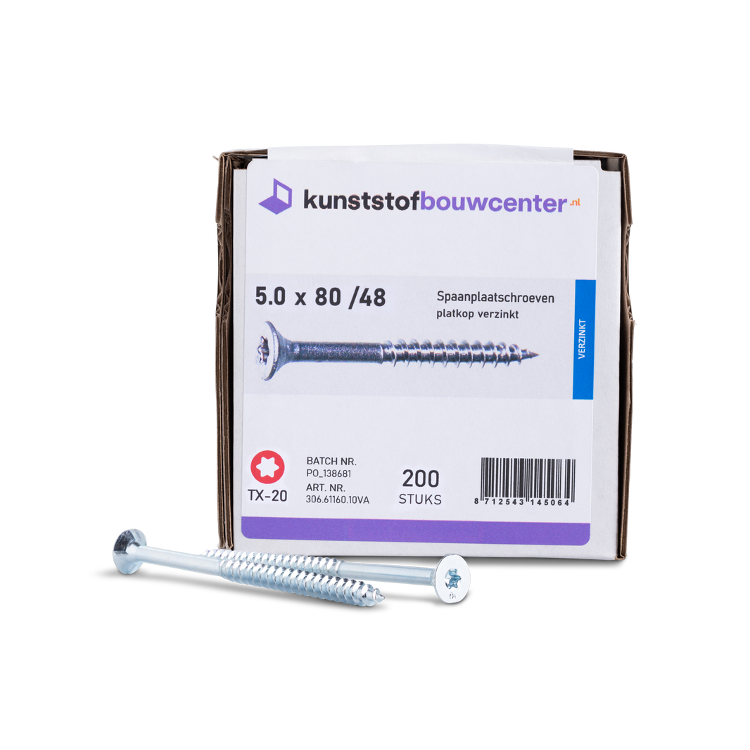 Spaanplaatschroeven platkop deeldraad TX-20 - 5,0x80/48 mm (200 per doos) (bestelnr. 0803)