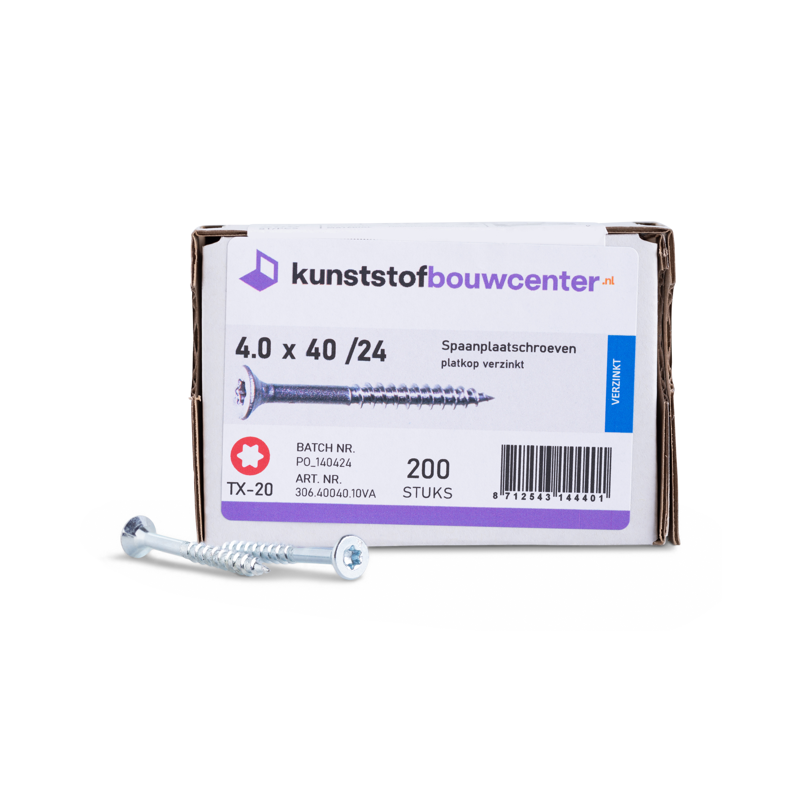Spaanplaatschroeven platkop deeldraad TX-20 - 4,0x40/24 mm (200 per doos) (bestelnr. 0801)