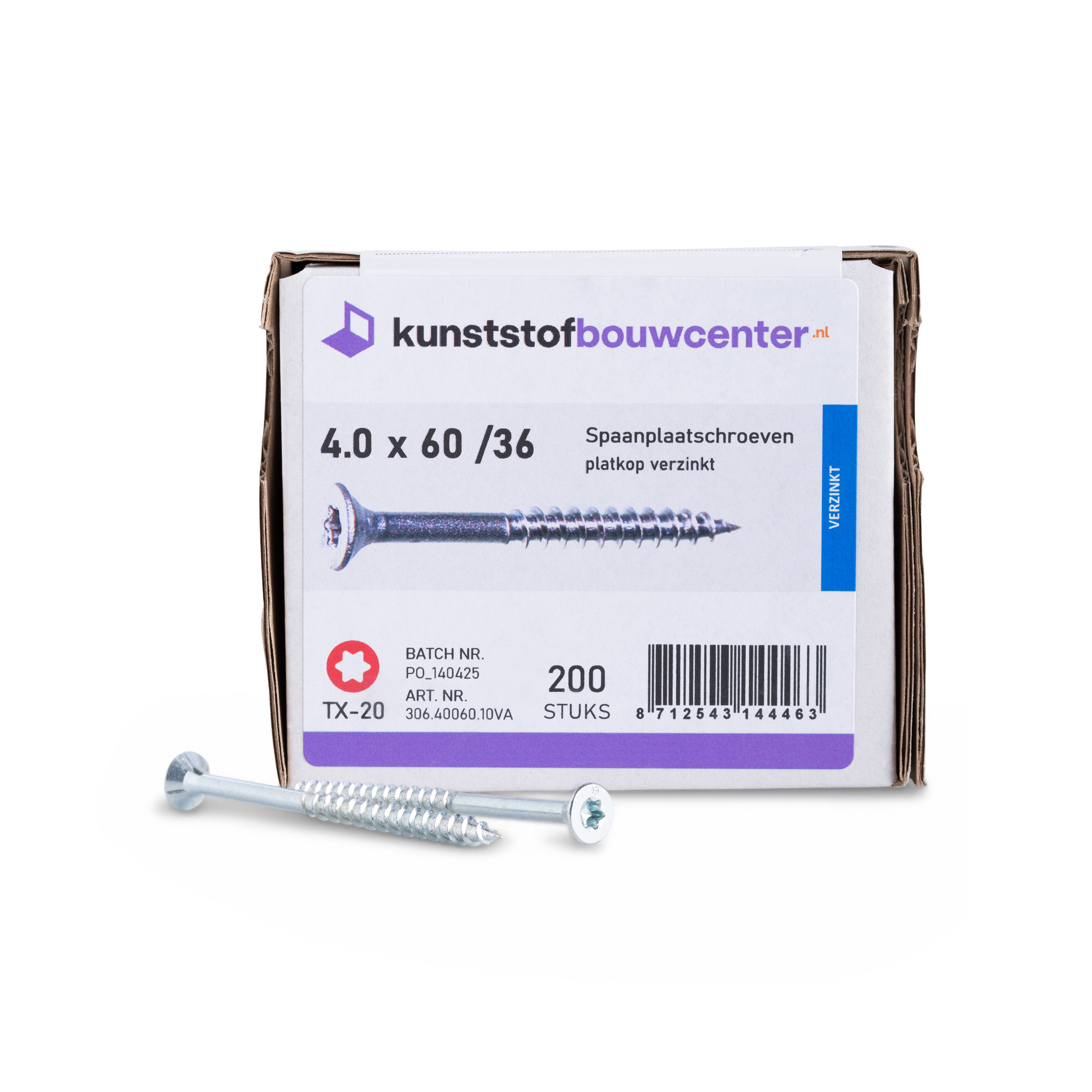 Spaanplaatschroeven platkop deeldraad TX-20 - 4,0x60/36 mm (200 per doos) (bestelnr. 0802)