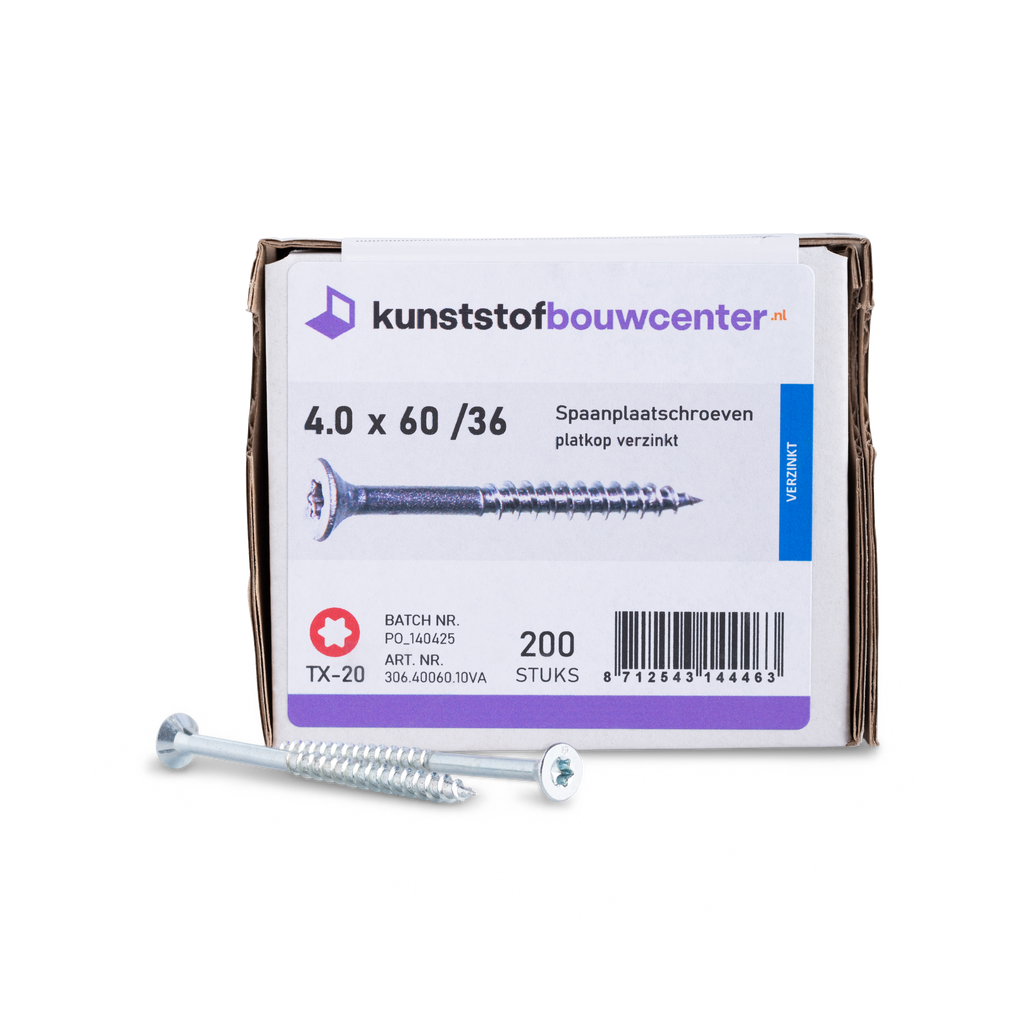 Spaanplaatschroeven platkop deeldraad TX-20 - 4,0x60/36 mm (200 per doos) (bestelnr. 0802)