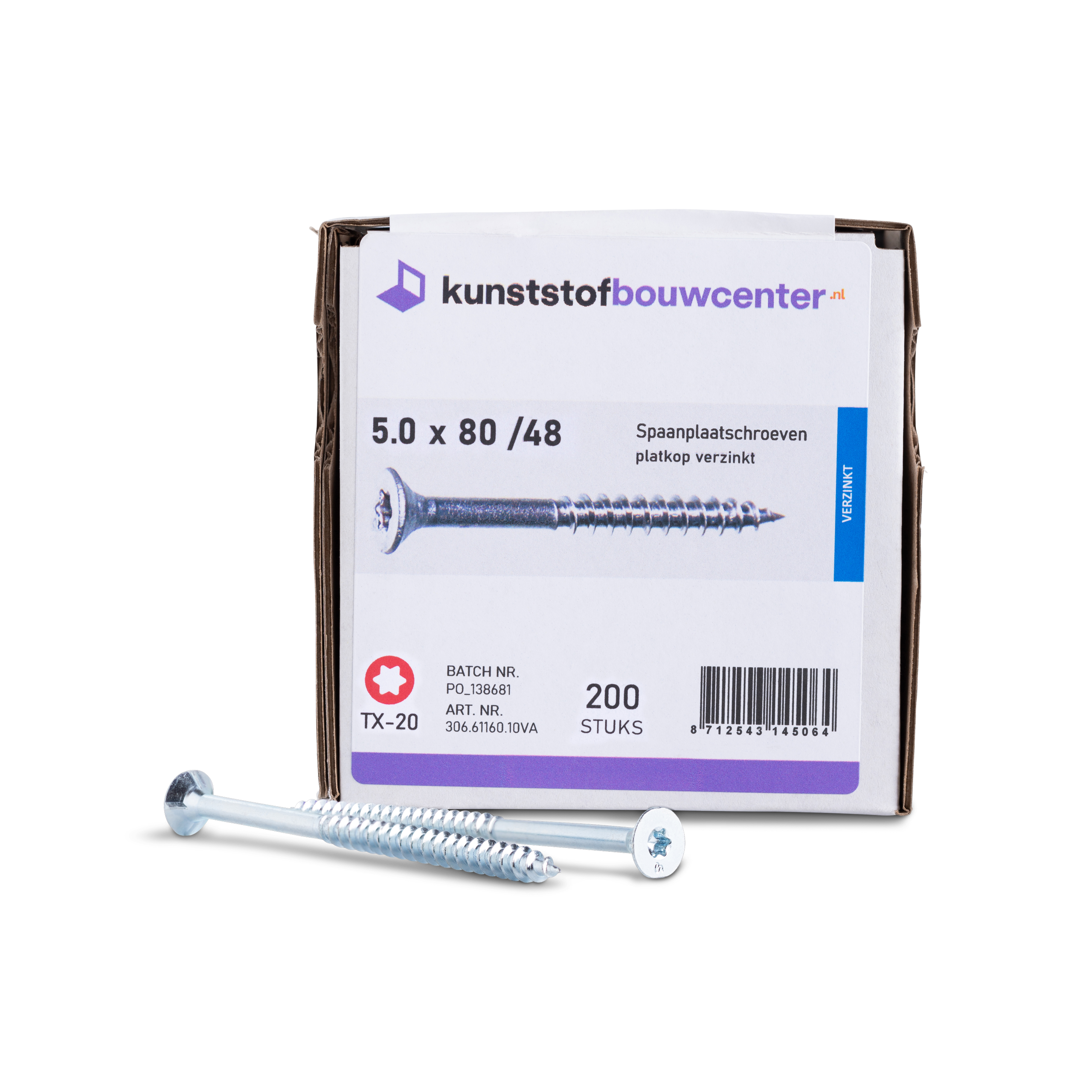 Spaanplaatschroeven platkop deeldraad TX-20 - 5,0x80/48 mm (200 per doos) (bestelnr. 0803)