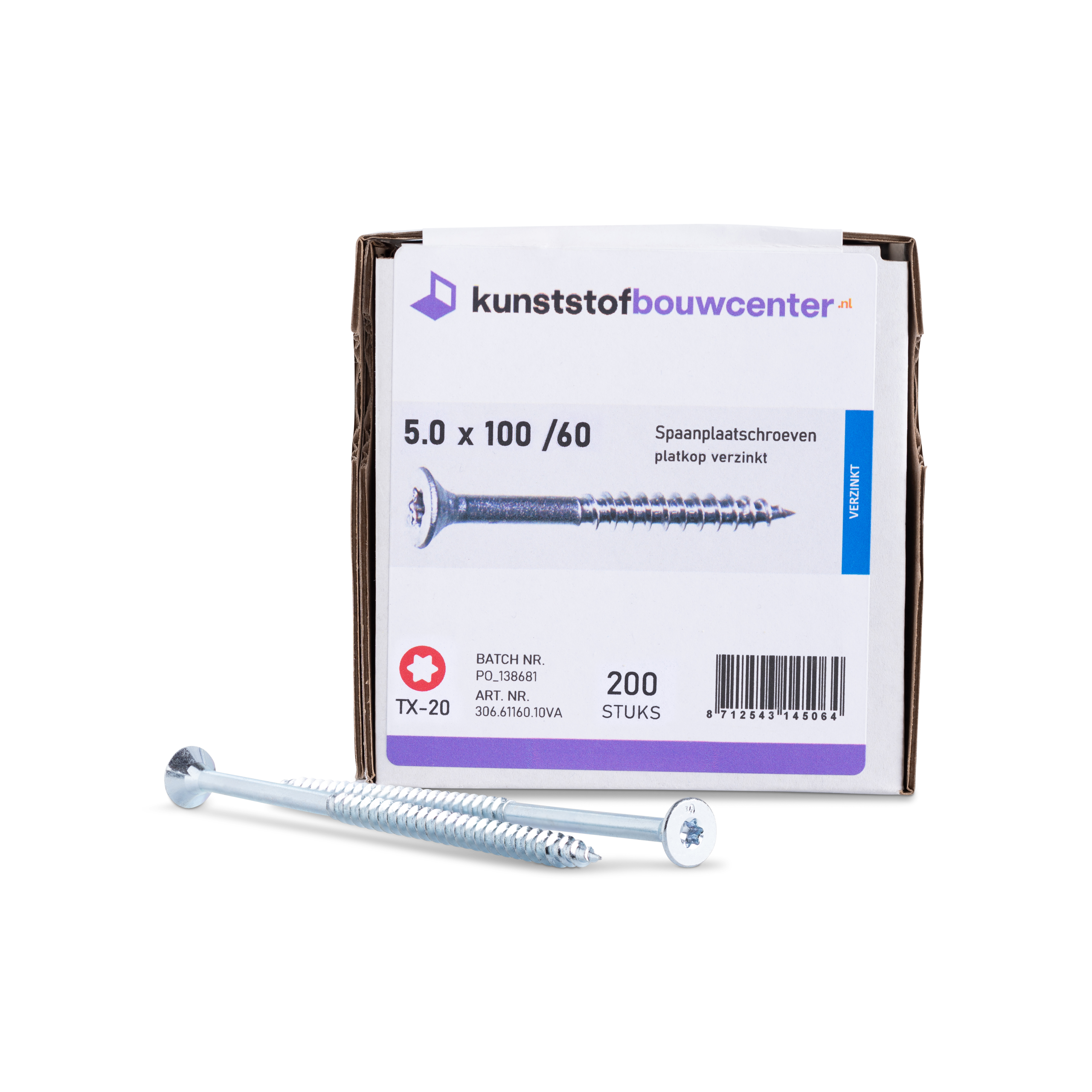 Spaanplaatschroeven platkop deeldraad TX-20 - 5,0x100/60 mm (200 per doos) (bestelnr. 0804)