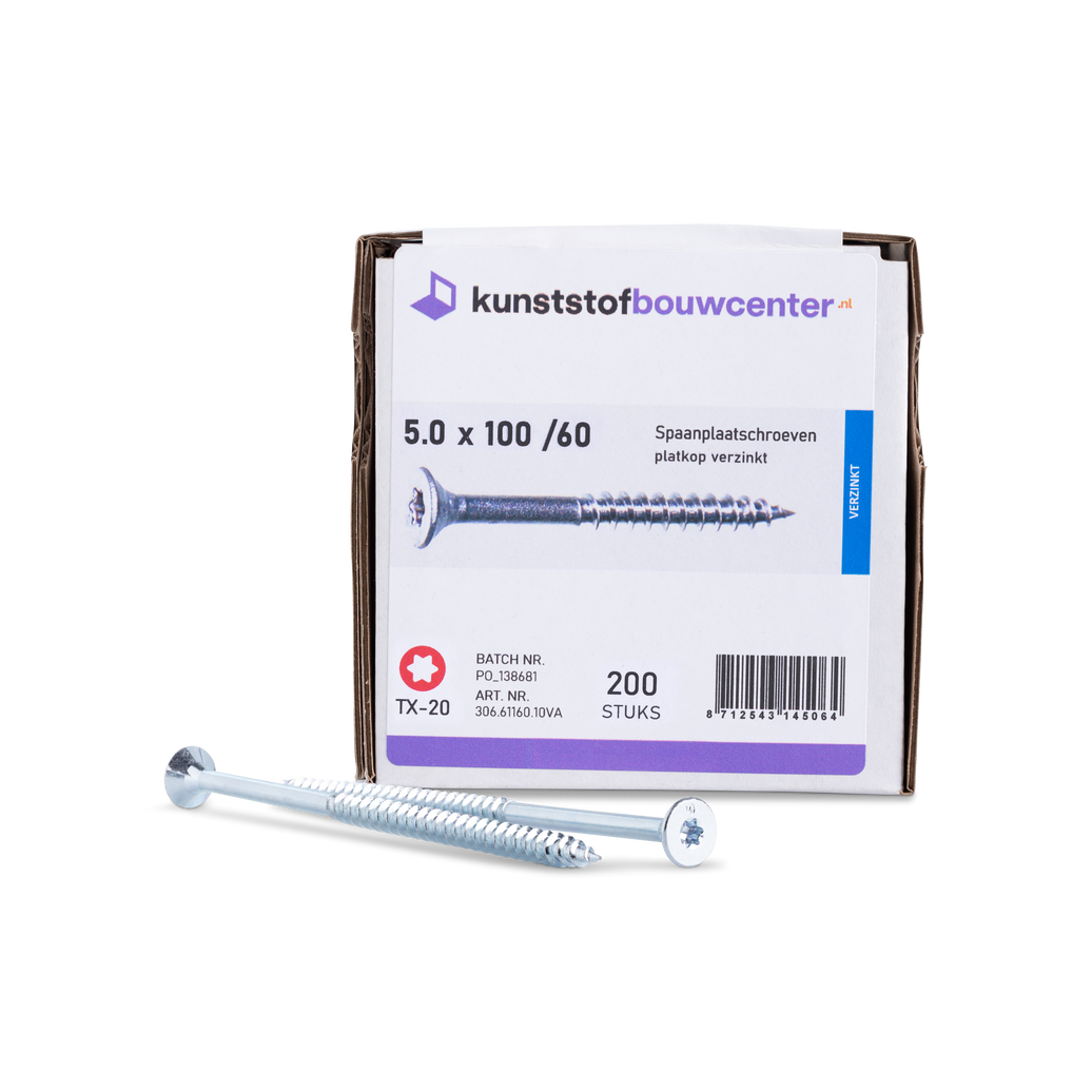 Spaanplaatschroeven platkop deeldraad TX-20 - 5,0x100/60 mm (200 per doos) (bestelnr. 0804)