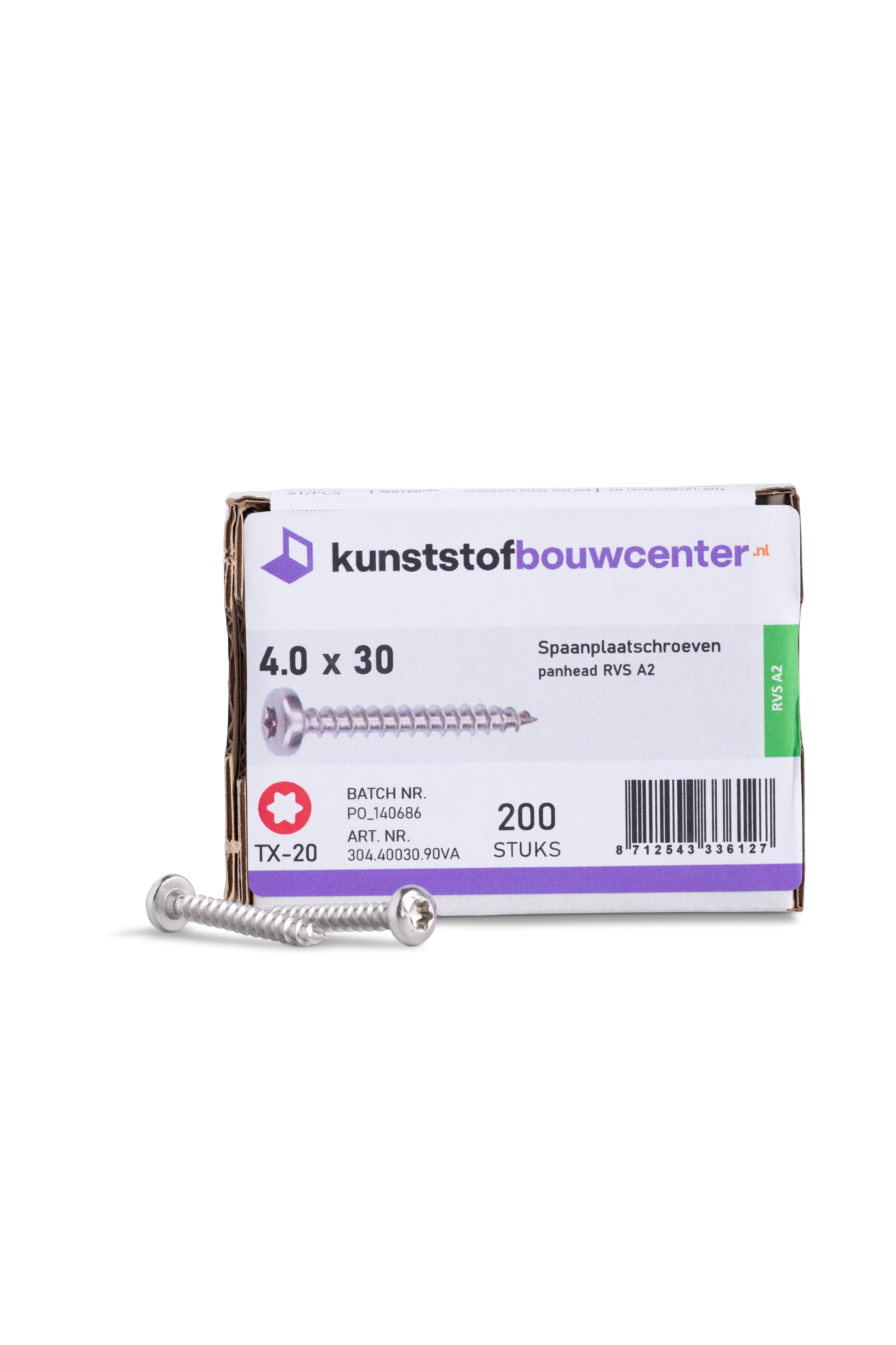 KBC Duraline bolkopschroef (panhead) RVS - 3,5x30 mm - TX-10 (200 per doos) (bestelnr. 0810)