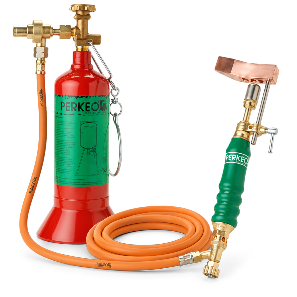 Soldeerbrander set met karweifles, drukregelaar, slang, brandergreep en koperen bout (300 gr) (bestelnr. 0697)